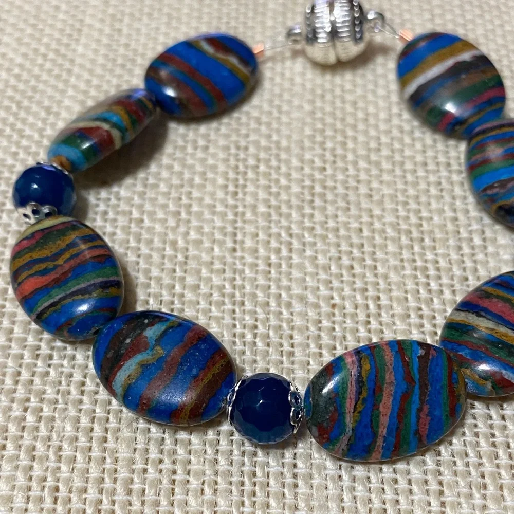 Natural genuine Rainbow Calsillica gemstone artisan Beaded 7.5” Bracelet